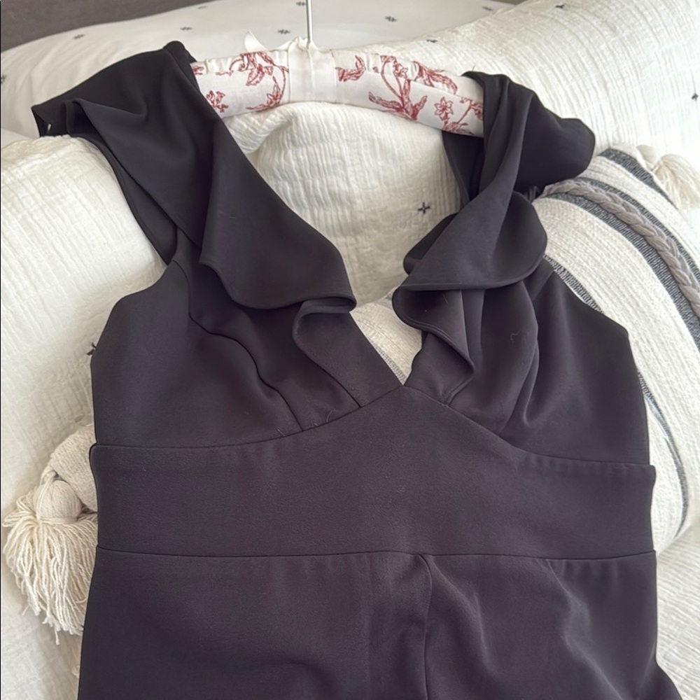 Jump Black Jumpsuit with Ruffled Shoulder Straps L